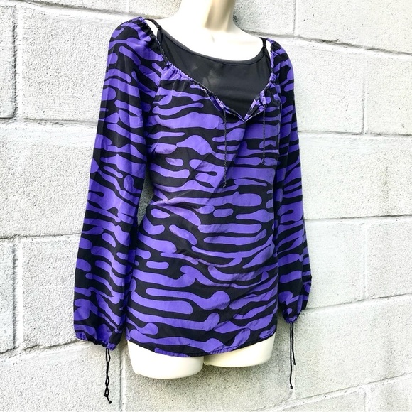 ANTHRO WHAT GOES AROUND COMES AROUND S Zebra Print Silk Blouse Black On Purple - Picture 3 of 9